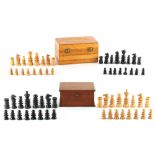 A private collection of chess sets - a turned boxwood & ebony chess set, the kings 3.55ins. (