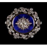 An early Victorian unmarked yellow gold diamond & blue enamel oval brooch, the domed centre with