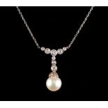 A pearl & diamond pendant necklace, the single pearl measuring approximately 9.7mm diameter,