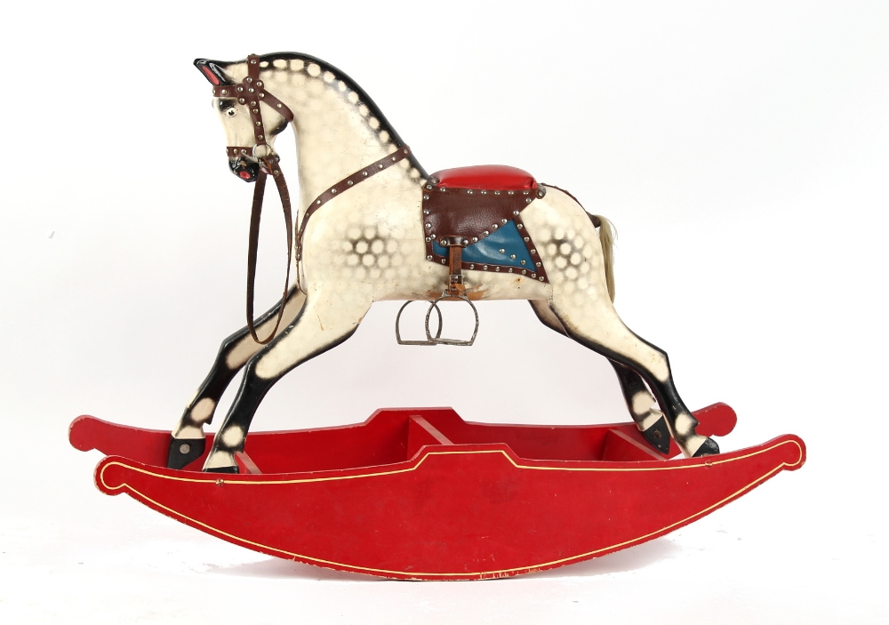 Property of a gentleman - a carved & painted wood dapple grey rocking horse, with bow rocker,