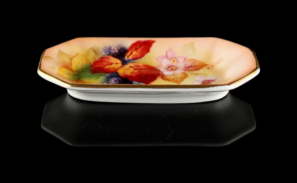 A 1940's Royal Worcester rectangular pin tray painted with blackberries, 4.55ins. (11.6cms.) long (