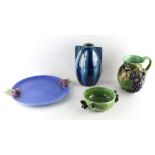 Property of a gentleman - three Continental majolica items comprising a blue glazed two handled