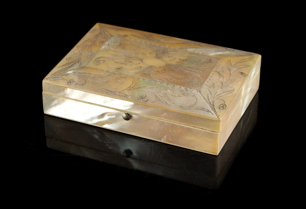 Property of a lady - a 19th century mother-of-pearl rectangular box with engraved floral decoration,