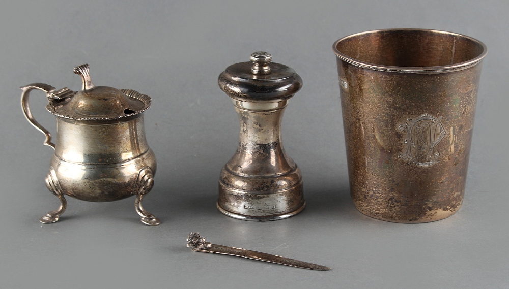 Property of a lady - a group of four silver items comprising a beaker, Sheffield 1910, a mustard