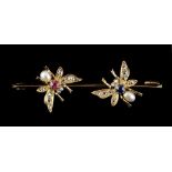 A 15ct yellow gold ruby, sapphire, diamond & seed pearl twin fly bar brooch, late 19th / early