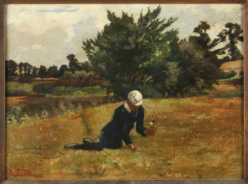 Property of a gentleman - A. Phillips (late 19th century British) - SEATED YOUNG MAN PICKING FLOWERS
