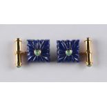 A pair of lapis lazuli & cabochon emerald cufflinks, boxed (see illustration).