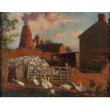 Margaret Dovaston (1884-1954) - GEESE IN FARMYARD WITH KILN IN BACKGROUND - oil on canvas, 15.75