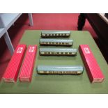 Seven Hornby Dublo Two Rail Eight Wheeled Coaches, including boxed #4047 Composite Restaurant Car