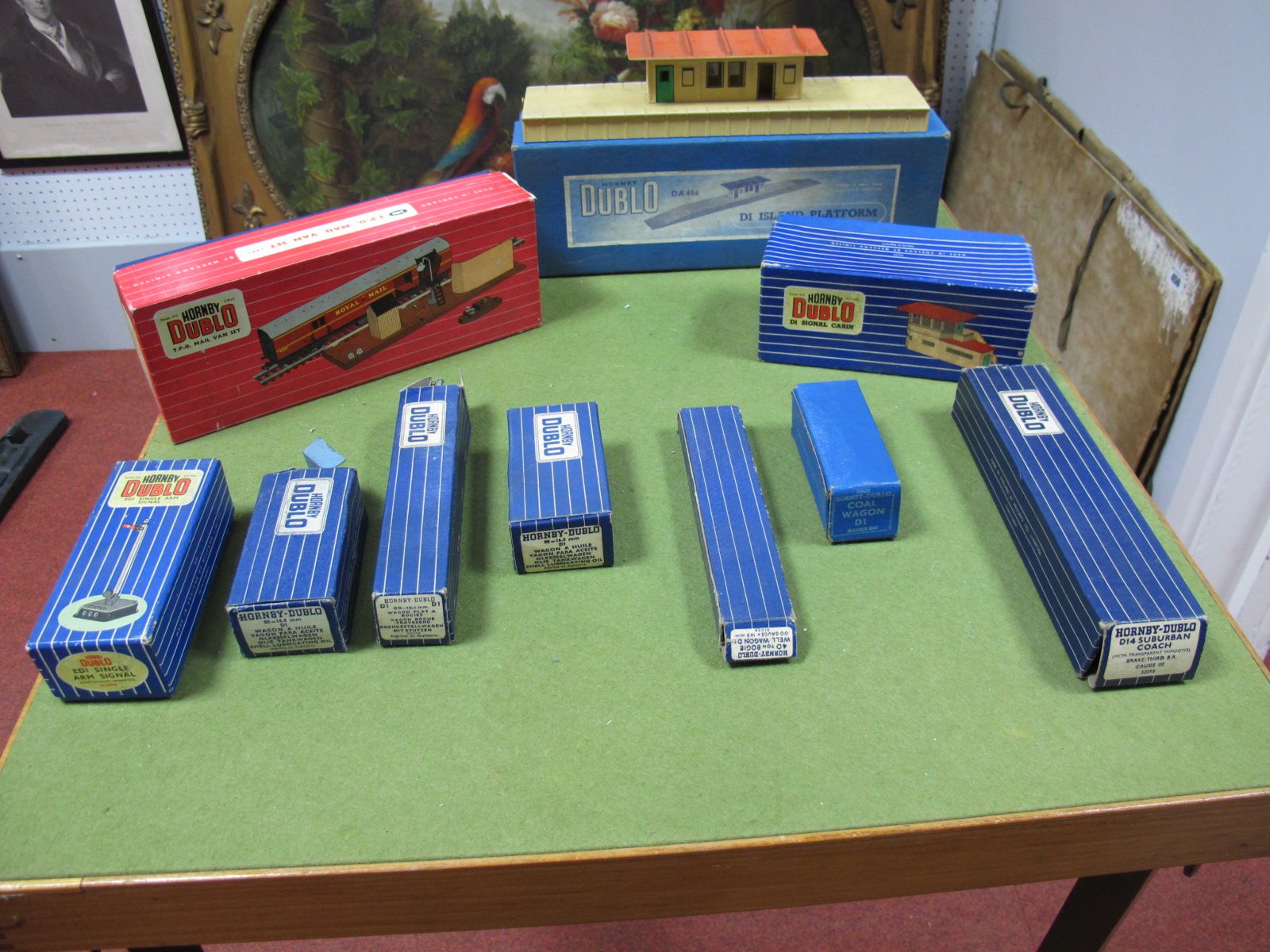 A Hornby Dublo Two Rail TPO Set, boxed. Plus a quantity of three rail rolling stock, a D1 Island