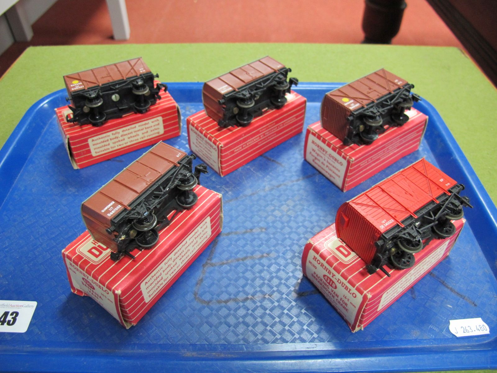 Five Boxed Hornby Dublo Two Rail Rolling Stock Vans, comprising of #4301 Banana Van (2), #4318