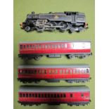 Hornby Dublo Three Rail 4-6-2 Standard Tank R/No. 80054, plus three suburban coaches. All fair.