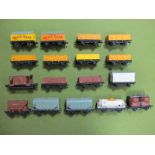 Seventeen Hornby Dublo Two Rail Rolling Stock Wagons, Tankers and Vans, including Saxa Salt Wagon,