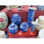 Three Chinese Blue and White Pottery Ginger Jars, two cylinder vases:- One Tray