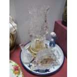 Waterford Crystal Hurricane Lamp, on circular brass base, mantle clock, gold driver paperweight,