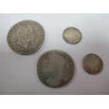 A Halfcrown, 1688, poor. A sixpence, 1887, NVF. An Italian 5 lira, 1870, F. An Indian one quarter
