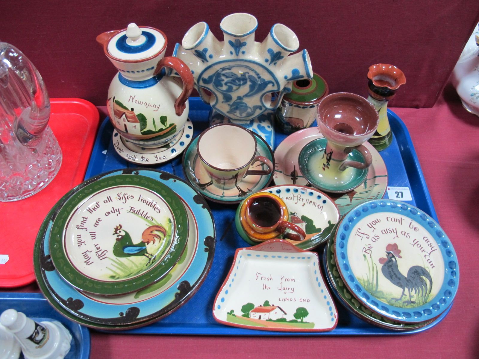Devon and Torquay Motto Ware, including coffee pot, tulip vase, plaques, butter dish, etc:- One