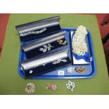 Assorted Costume Brooches, clip earrings, ivy leaf panel bracelet, etc:- One Tray