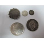 A Sixpence, 1887, VF/GVF. A four pence, 1844, F/GF. A French 5 Francs, 1834, NF/F. A Falkland