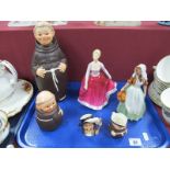 Two Royal Doulton Figurines 'Milkmaid' and 'Fiona', a Goebel monk decanter (base impressed KL 92), a