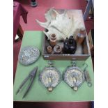 A Pair of Brass and Oak Wall Tidies, bottles, antlers, Salter scales, etc, oak box.