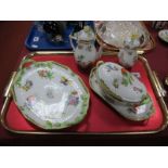 A Herend Hand Painted Two Handled Tray, tureen on stand, tea and coffee pots all featuring