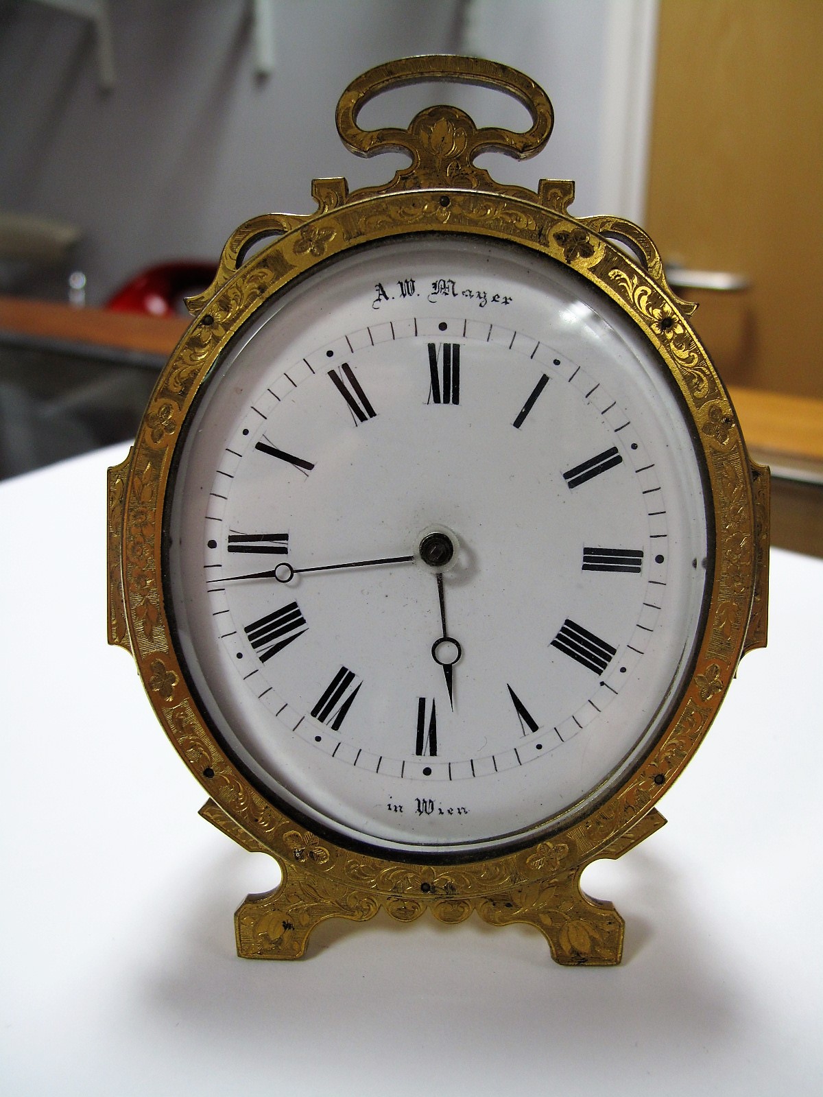 A. W. Mayer in Wien Oval Enamel Dial Table Clock, with gilt metal frame having easel back. - Image 2 of 9