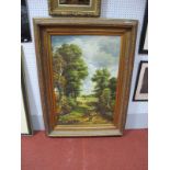 ENGLISH SCHOOL (Late XX Century) Countryside Scene, with angler and sheep on track and hay gatherers