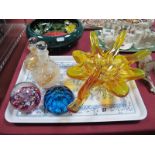 A Murano Style Amber Glass Bowl, Caithness scent bottles and 'Myriad paperweight plus one other:-