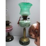 A Late XIX Century Oil Lamp, the brass Corinthian column with Art Nouveau scrolling base, opaque