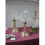 A Pair of Silver Plated Candle Holders, with cut glass shades; together with a crystal baluster