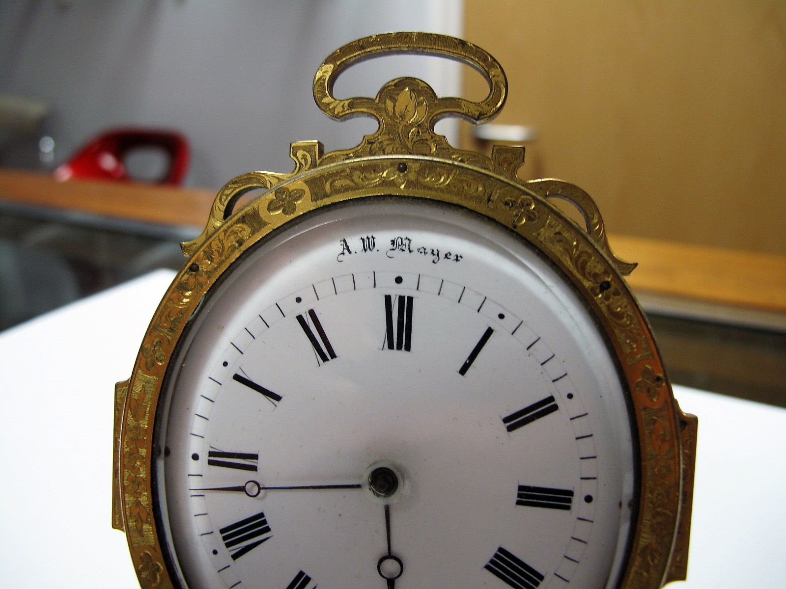 A. W. Mayer in Wien Oval Enamel Dial Table Clock, with gilt metal frame having easel back. - Image 4 of 9