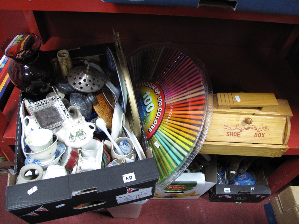 An Amethyst Glass Vase, mirror, ceramics, etc:- One Box plus shoe box, felt tip markers.