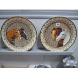 E. Beyer Pair of Equestrian Porcelain Chargers, with gilt and cream border, 32.5cm diameter.