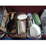 A 1930's Bakelite Brush Set in Case, other dressing table ware:- One Tray
