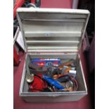 Pans, motorcycle helmet, grease gun, plane, etc in painted box.