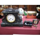 A Late Victorian 8 Day Black Slate Mantel Clock, of architectural form and veined green marble