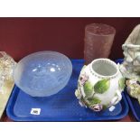 A Blue Tinted Frosted Pressed Glass Fruit Bowl, similar vase in pink, Meissen style vase,