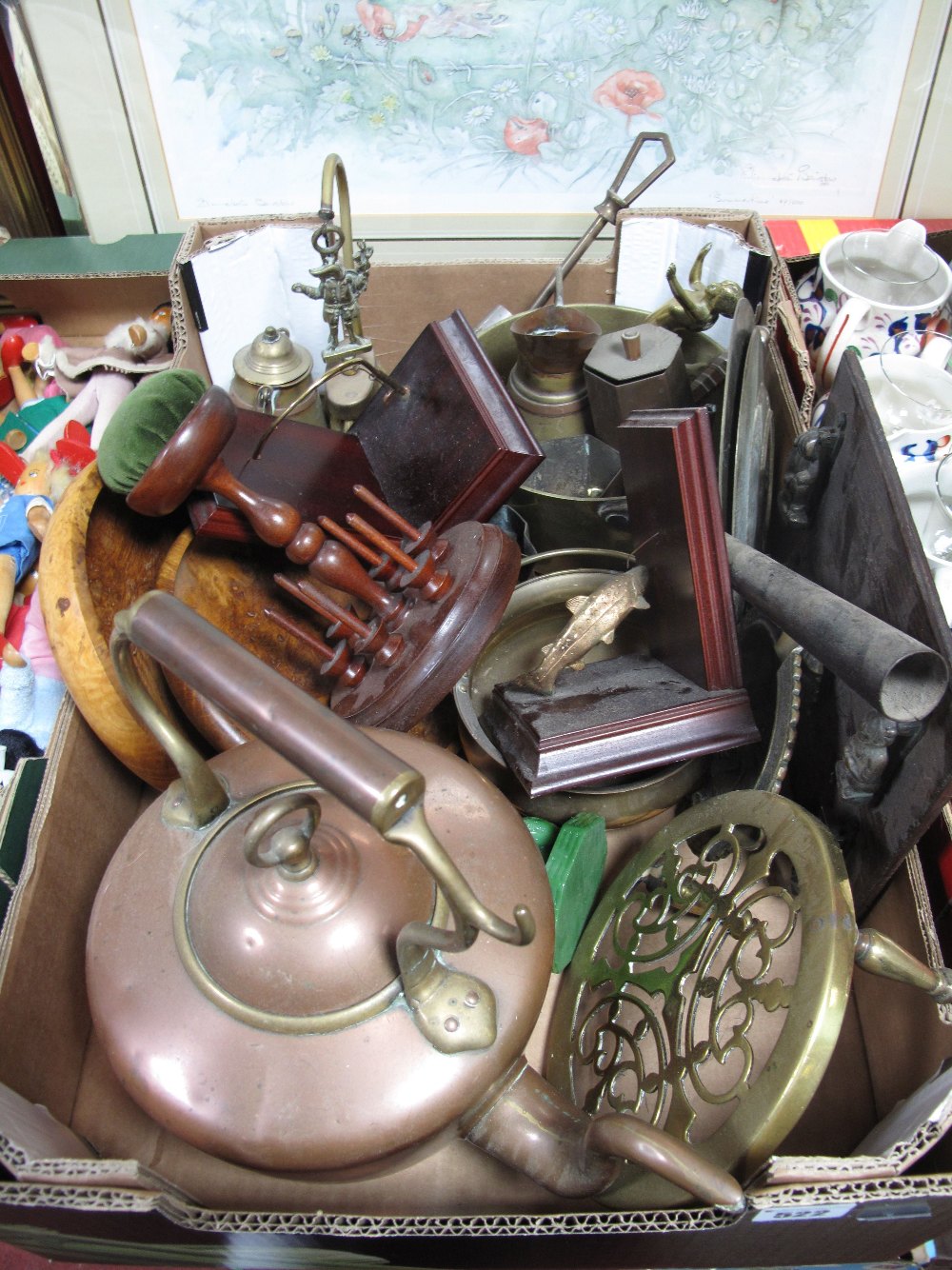 Anglers Book Ends, jam pan, copper kettle, bobbin stand, etc:- One Box