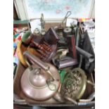 Anglers Book Ends, jam pan, copper kettle, bobbin stand, etc:- One Box