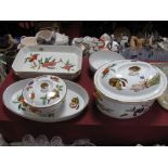 A Large Royal Worcester Evesham Oval Lidded Tureen, further Evesham tureen, shallow dishes, bowl,