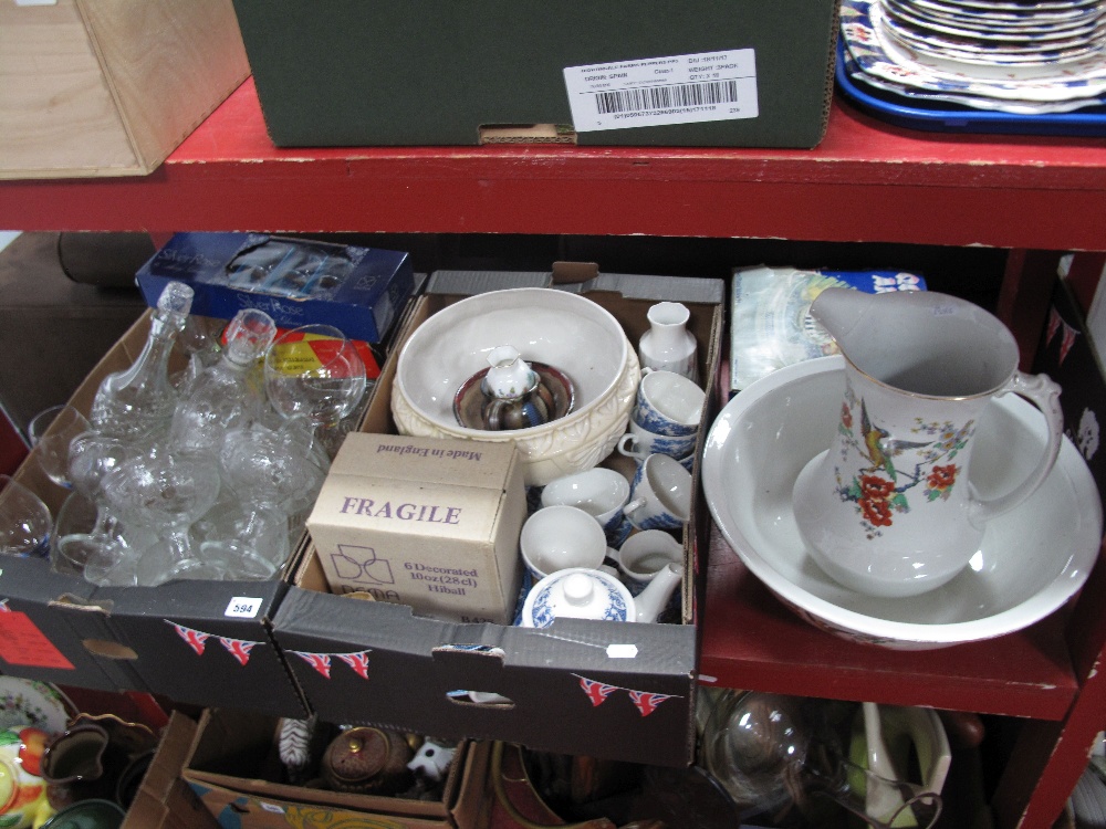 A Broadhurst Blue and White 1977 Jubilee Tea Set, pedestal fruit bowl, toilet jug and bowl (