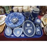 A Wedgwood Jasper Ware Jug, trinket boxes, jar cover, Copeland, Spode 'Italian' bowl, etc:- One