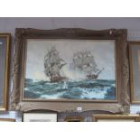 After Montague Dawson, Warships in Battle, colour print, 49 x 74.5cm.