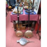 Two Early XX Century Copper Warming Pans, each with ebonised ring turned handles, and a set of oak