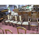 Seven (Four Carver and Three Single) Oak Dining Chairs, circa 1920's, in the Jacobean manner, with