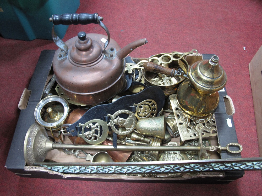 Brass Ware, trivets, Martingales and loose horse brasses, fire side companion, copper kettle,