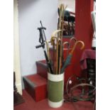 Crooked Handled Canes, horn handled example, umbrellas, etc, in cylindrical stand.
