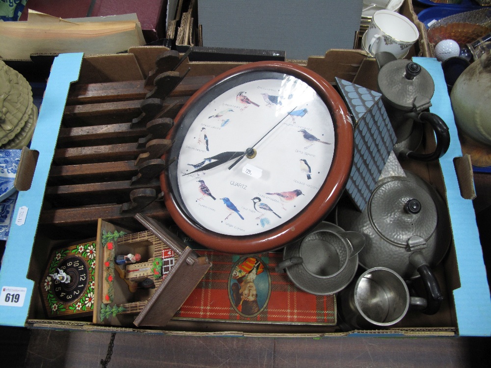 A Hammered Pewter Four Piece Teaset, early XX Century moulding planes, cuckoo clocks, wall clock,