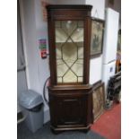 XX Century Mahogany Double Corner Cupboard, with a dentil cornice, glazed astragal door, cupboard